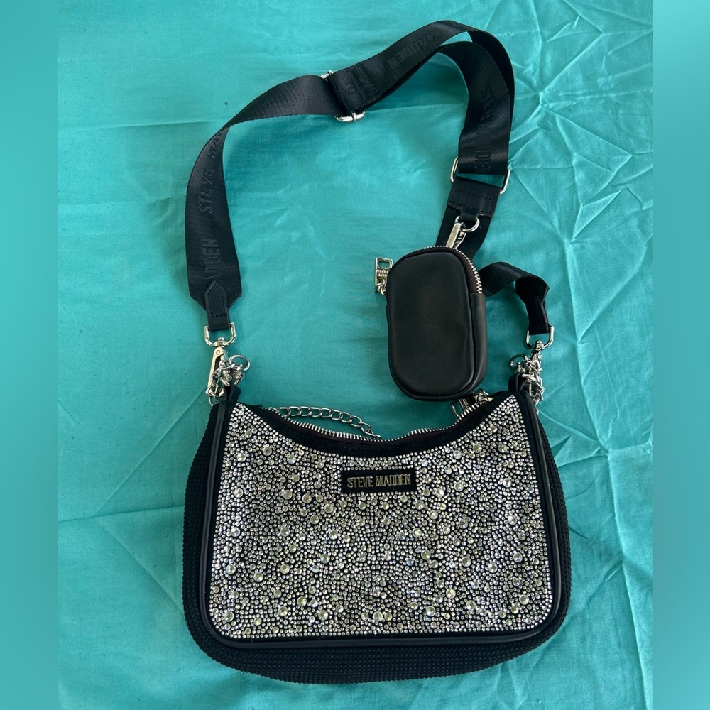 Steve Madden Black Crystal-Embellished Crossbody with Detachable Pouch